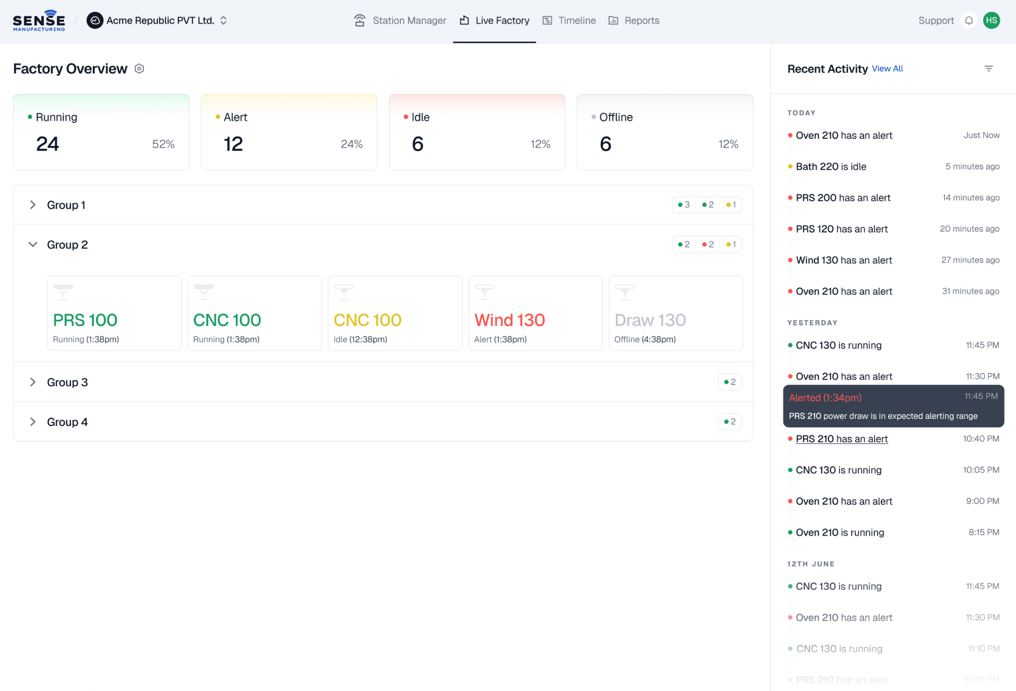 Live Factory View dashboard showing machine status grid